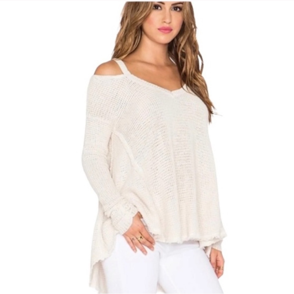 Free People Women's  Moonshine Cold Shoulder V-Neck Sweater XS Beige Waffleknit